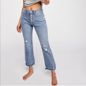 We the Free Jeans Womens 30 Blue Dylan Distressed Button Fly Boho Crop Raw Hem